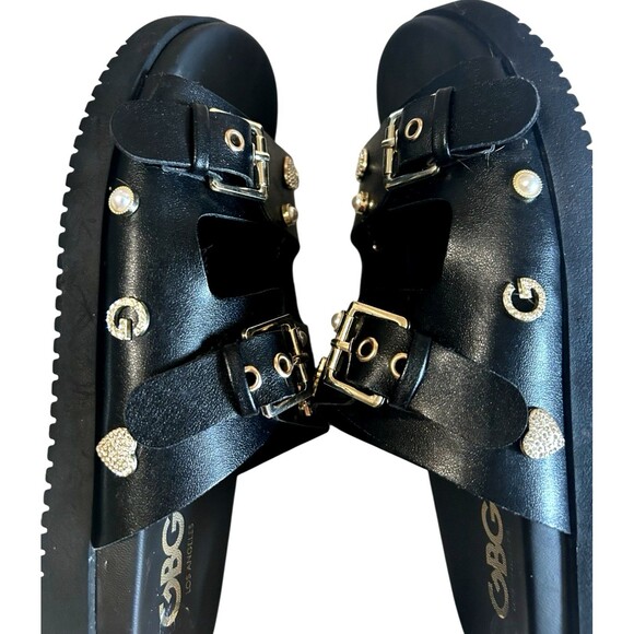 GBG GG Juliana T  Rhinestone Pearl Double Strap Black Platform Slide Sandals 8M - Picture 10 of 14